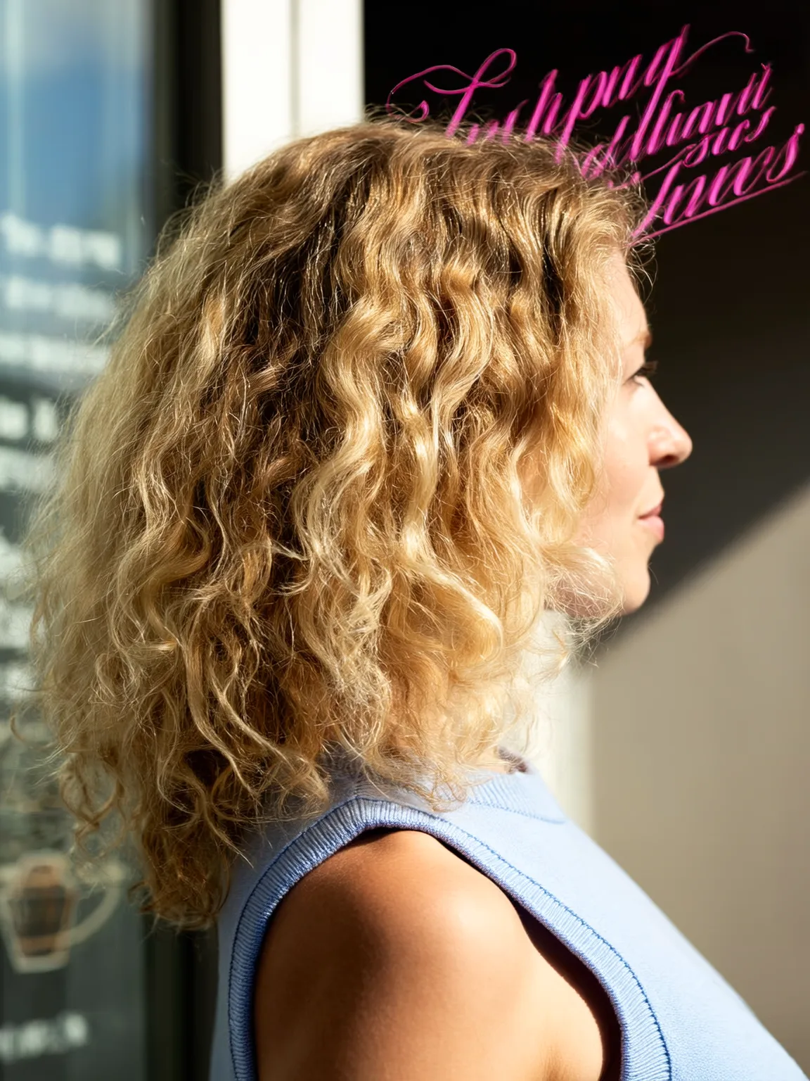 Shoulder-Length Golden Blonde Curly Layers with Natural Highlights